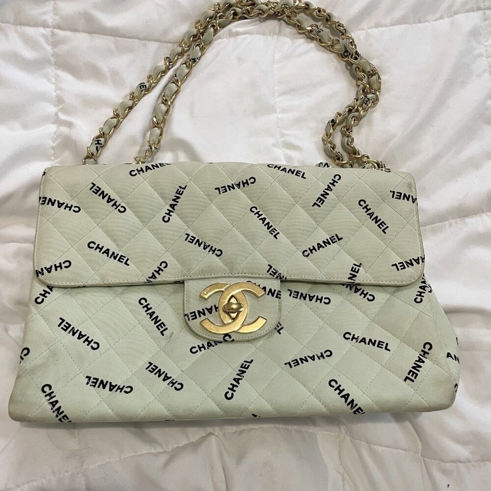 Vintage Chanel Light Mint Green Maxi Jumbo Logo Pattern Quilted Cotton Shoulder